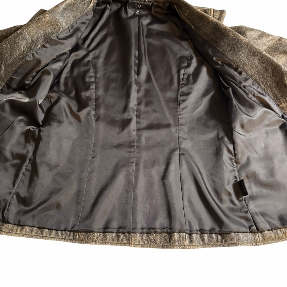 QUE Faux Leather Blazer Jacket – Vintage Distressed Bronze Paisley - Medium - Picture 7 of 11